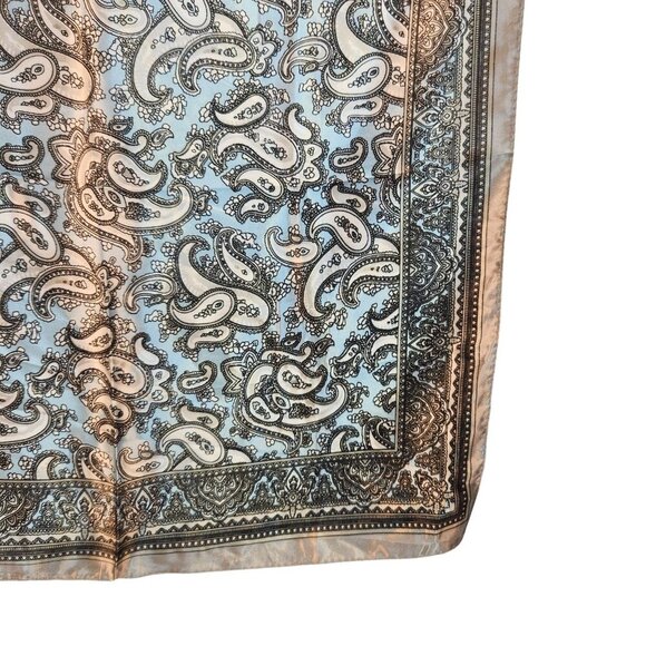 Lt Blue Black White Silver Paisley Satin Scarf Western Wild Rage Boho Chic 23" - Picture 6 of 11